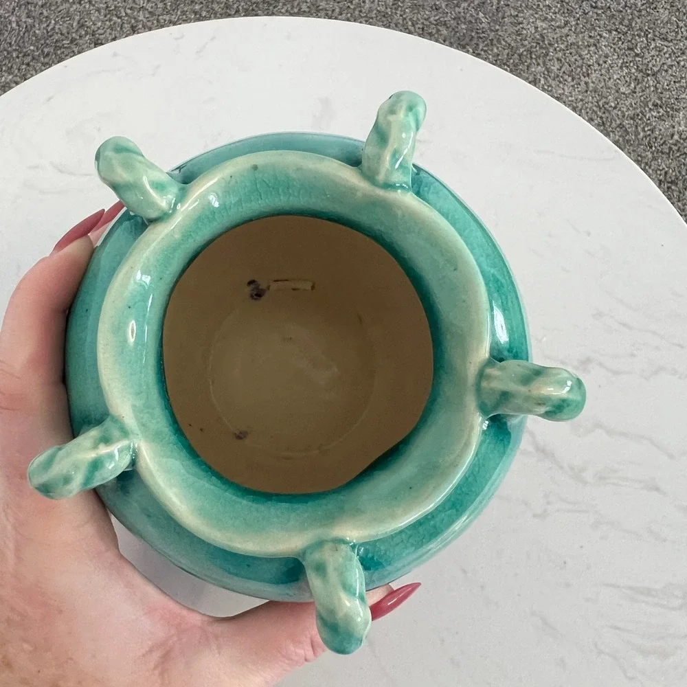 Handcrafted Ceramic Vase‎ Turquoise Glaze Handles Made in Vietnam Home Decore